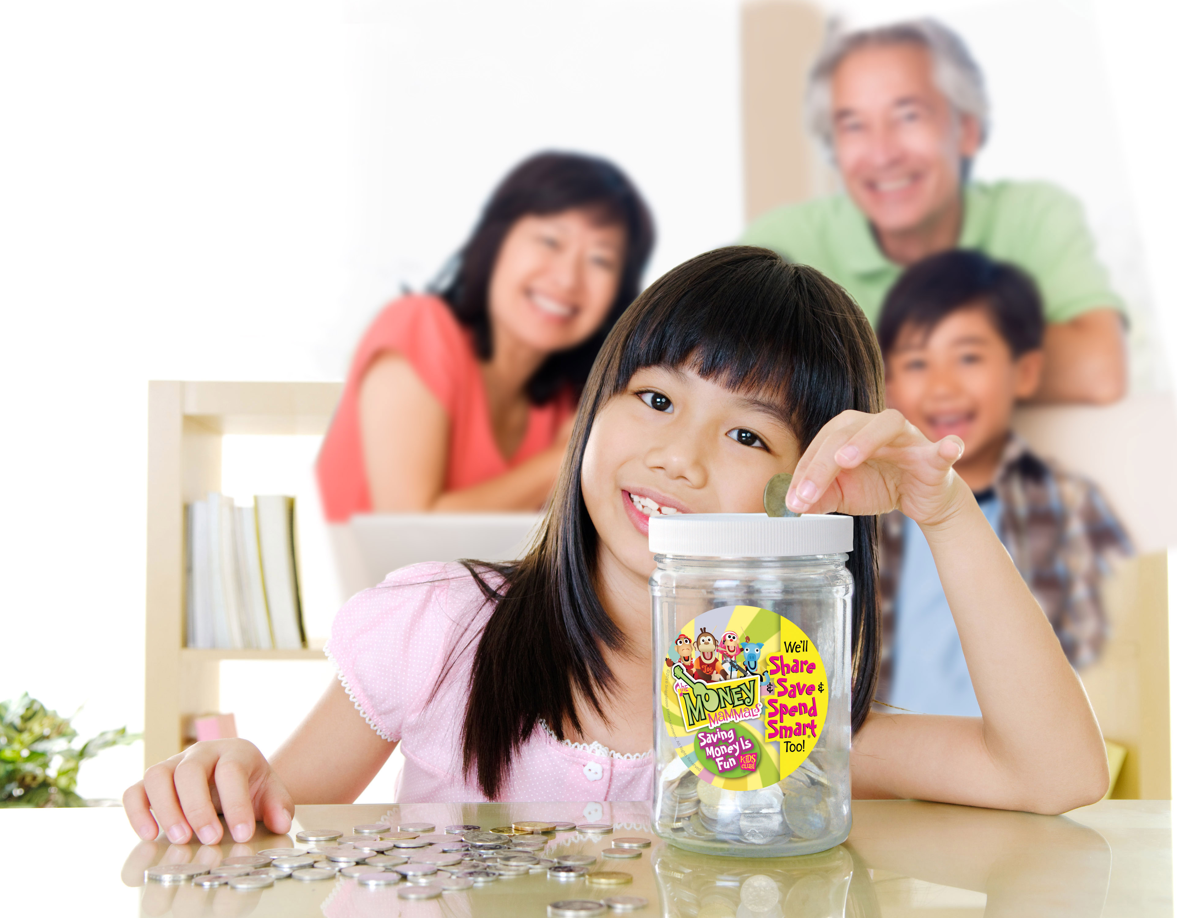 Child saving money with family in the background